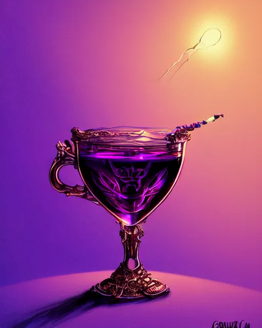 Image similar to cup of codeine, purple liquid in cup glowing, fantasy, dramatic, intricate, elegant, highly detailed, digital painting, artstation, concept art, smooth, sharp focus, illustration, art by Gustave Dore, octane render