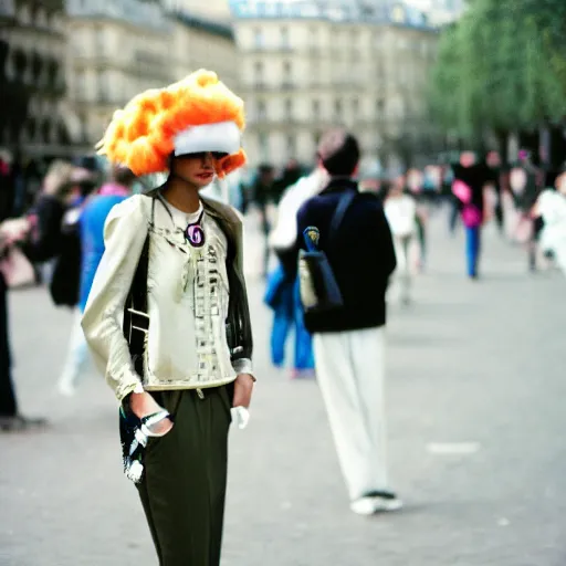 Prompt: street photography during paris fashion week of smug attendees wearing ridiculous costumes and thinking they are fashionable. 5 0 mm f 5. 6 hassleblad