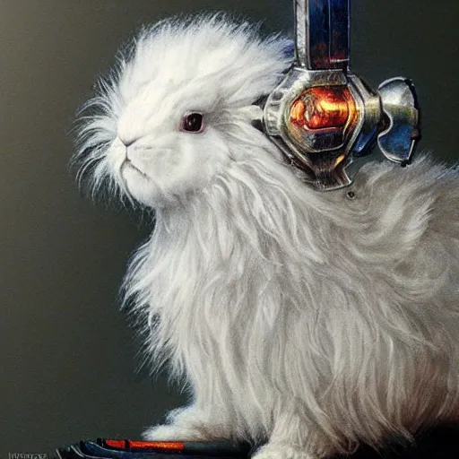 Image similar to the white dwarf lionhead bunny rabbit as a cyberpunk knight, closeup portrait art by norman rockwell and donato giancola and greg rutkowski