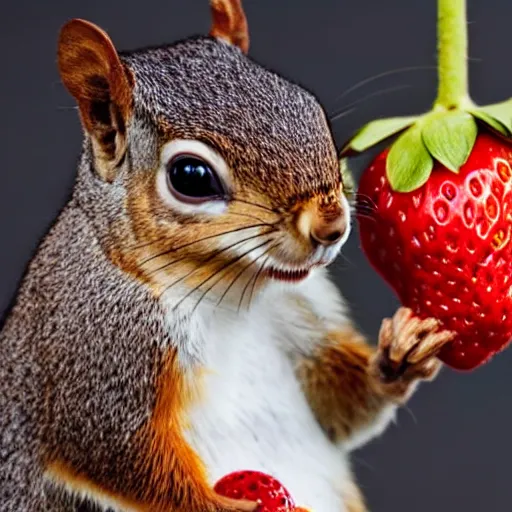 Image similar to fashion photography close - up photograph of a cute squirrel eating strawberries, studio lighting