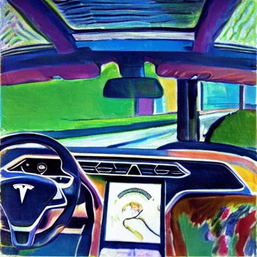 Prompt: “Driving in a Tesla car Painting by Henri Matisse”