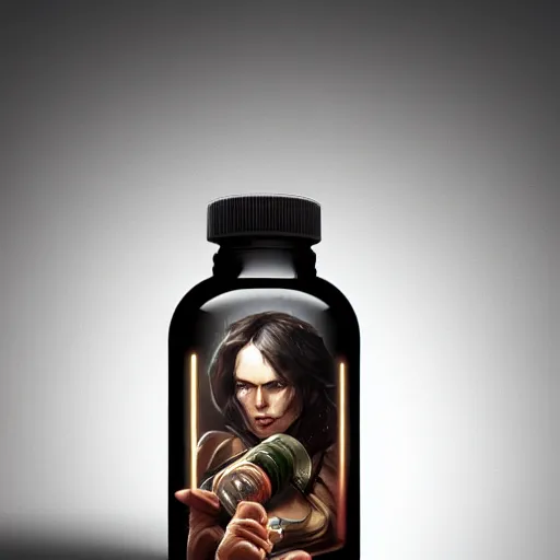 Prompt: concept art of a modern dietary supplement in a transparent bottle with a black sticker on it by aenaluck, artgerm and roberto ferri and greg rutkowski, highly detailed portrait, star wars expanded universe, digital painting, artstation, concept art, smooth, sharp foccus ilustration hq