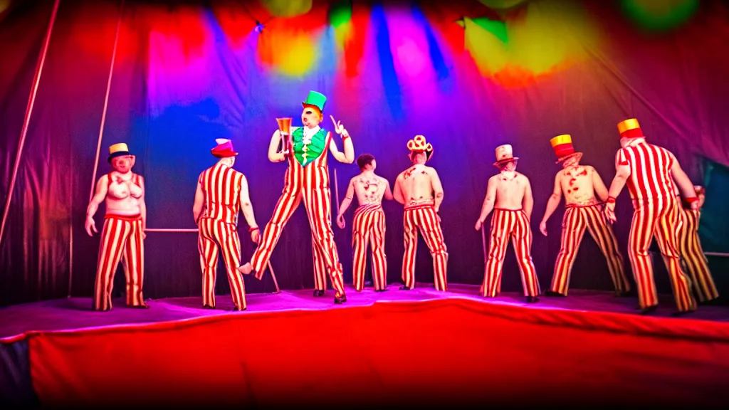 Image similar to of a gang of circus clowns, drinking alcohol, inside a circus tent, 4K