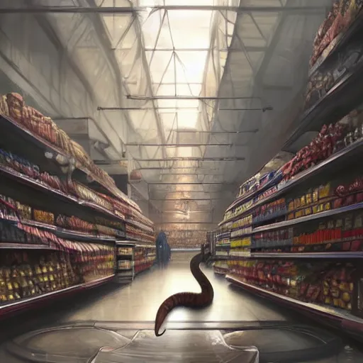 Prompt: digital painting of a super market grocery shopping elegant but deadly cat snake, cat snake serpent cat hybrid monster, by Greg Rutkowski, magic the gathering concept art, trending on artstation, 4k resolution, ((in a super market Costco))