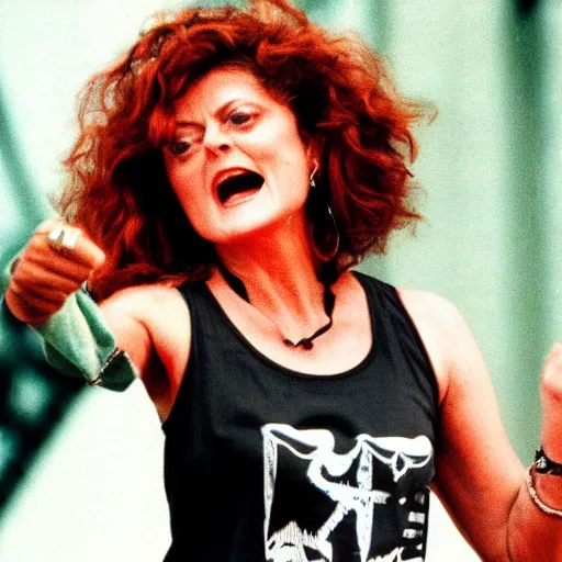 Image similar to 1 9 9 0 s video still of susan sarandon, wearing hip hop urban clothing, rapping on stage at a small outdoor concert, vhs artifacts