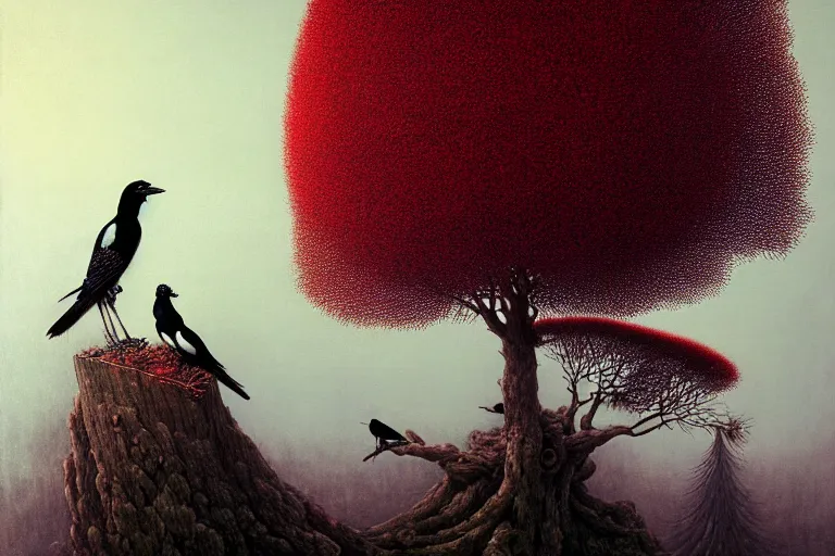 Image similar to a magpie family hosting their magpie relatives on top of a pine tree, in the style of rafał olbinski, in the style of beksinski, intricate and epic composition, red by caravaggio, insanely quality, highly detailed, masterpiece, purple light, artstation, 4 k