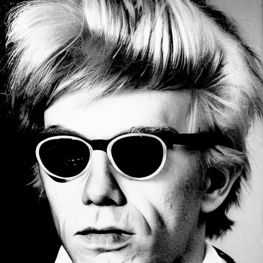 Prompt: portrait of young and angry andy warhol looking sternly into the camera and wearing designer sun glasses, in the style of andy warhol, high quality, hd