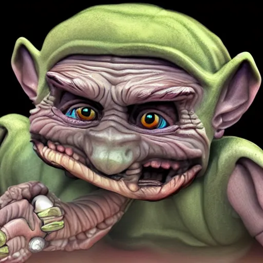 Image similar to hyperrealistic cartoon illustration of a goblin