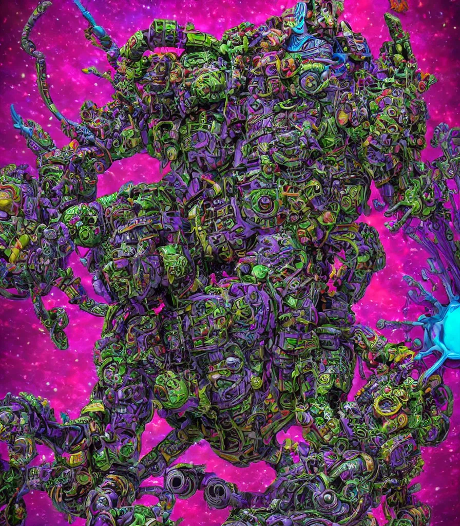 Image similar to hyper-maximalist lowbrow style overdetailed 3d sculpture of a monster by clogtwo and ben ridgway inspired by beastwreckstuff chris dyer and jimbo phillips. Cosmic horror infused retrofuturist style. Hyperdetailed high resolution. Render by binx.ly in discodiffusion. Dreamlike surreal polished render by machine.delusions. Sharp focus.