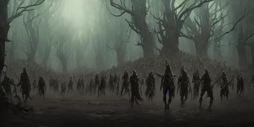 Prompt: an army of tree people. in style of greg rutkowski and hyung - tae kim, trending on artstation, dark fantasy, great composition, concept art, highly detailed, dynamic pose, vibrant colours, epic, 8 k.