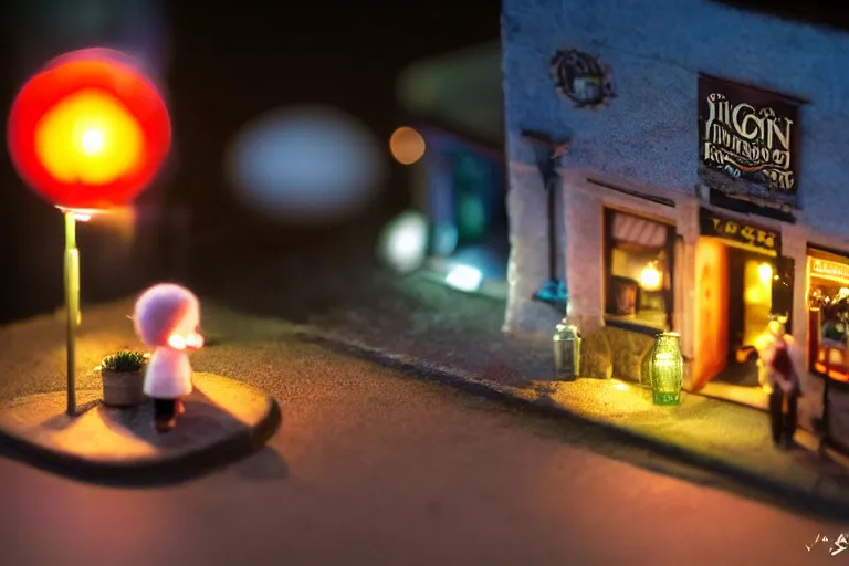 Prompt: an irish pub, digital art, sunset, beautiful lighting, by Yoshitaka Amano, happy atmosphere, trending on artstation, depicted as a needle felt diorama, macro photograph, 24mm Sigma lens f8