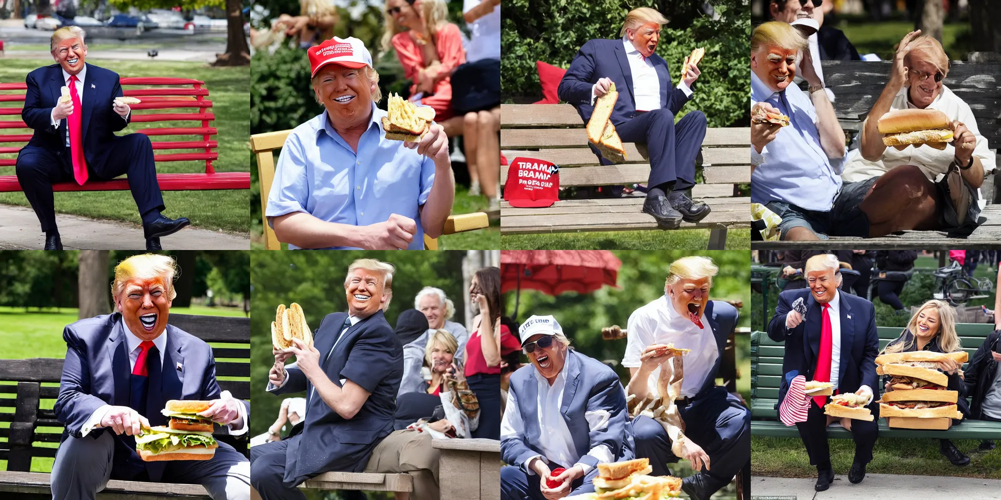 Prompt: Donald Trump happily eating a sandwich on a park bench, enjoying life to its fullest, full of joy, candid photo