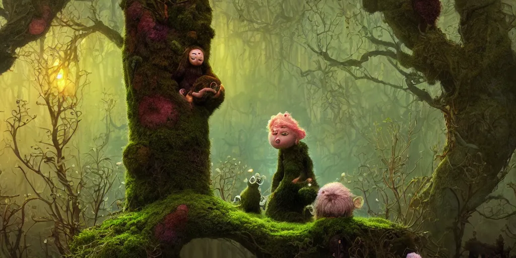 Image similar to a surreal bioluminescent, very very very cute hairy mossy forest troll in a happy forest world by daniel merriam, trending on artstation, oil on canvas by elena zhurikhina and goro fujita and charlie bowater, octane render, 4 k, 8 k, hd