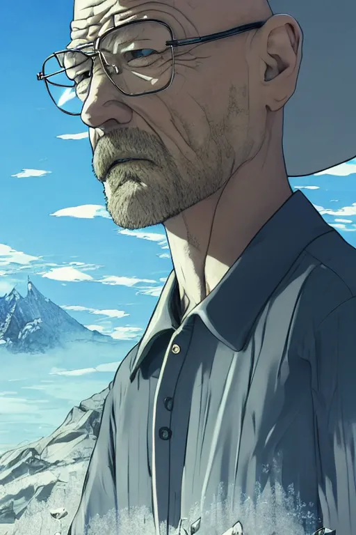 Prompt: walter white enjoying the look of a majestic crystal on a mountain, high intricate details, rule of thirds, golden ratio, cinematic light, 8 k, octane render, anime style, graphic novel by fiona staples and dustin nguyen, art by beaststars and orange, peter elson, alan bean, studio ghibli, makoto shinkai