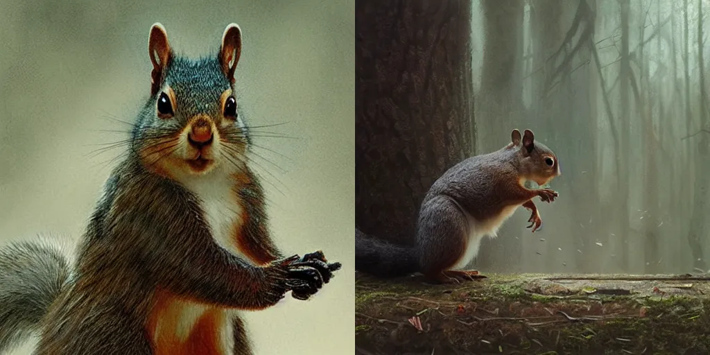 Prompt: When a squirrel finds a nut you know that it\'s time to go. Contest-winning artwork by Greg Rutkowski