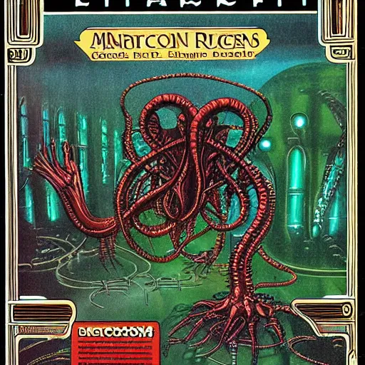 Image similar to 1980s computer manual, eldritch horror, illustration, deep ones, necromicon, BASIC programming language