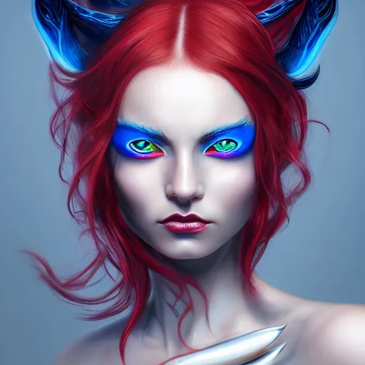 Image similar to perfectly - centered close - up face - portrait of a goddess with glowing red eyes and long blue hair and horns on her head, the perfect human female specimen, intricate, elegant, super highly detailed, professional digital painting, artstation, concept art, smooth, sharp focus, no blur, no dof, extreme illustration, unreal engine 5, 8 k, by anne stokes