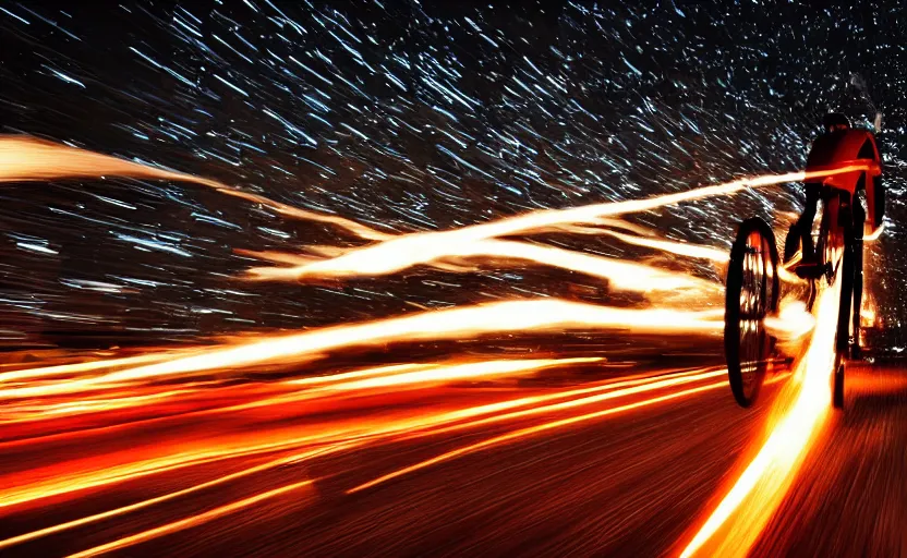 Image similar to a bicycle with a rocket engine attached to the back, flames and fire shooting out the back, light trails and motion blur, stylized photo