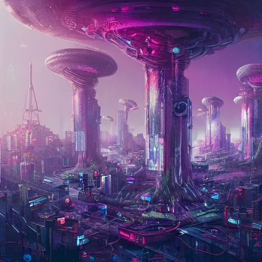 Image similar to “ mushroom city, cyberpunk art by vincent lefevre, behance contest winner, altermodern, cityscape, synthwave, matte painting ”