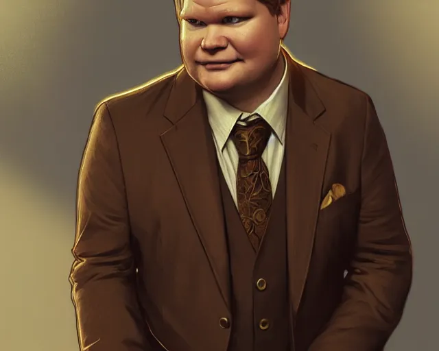 Image similar to close up of andy richter wearing a brown suit and necktie, focus, d & d, intricate, elegant, highly detailed, digital painting, artstation, concept art, matte, sharp focus, illustration, hearthstone, art by artgerm and greg rutkowski and alphonse mucha
