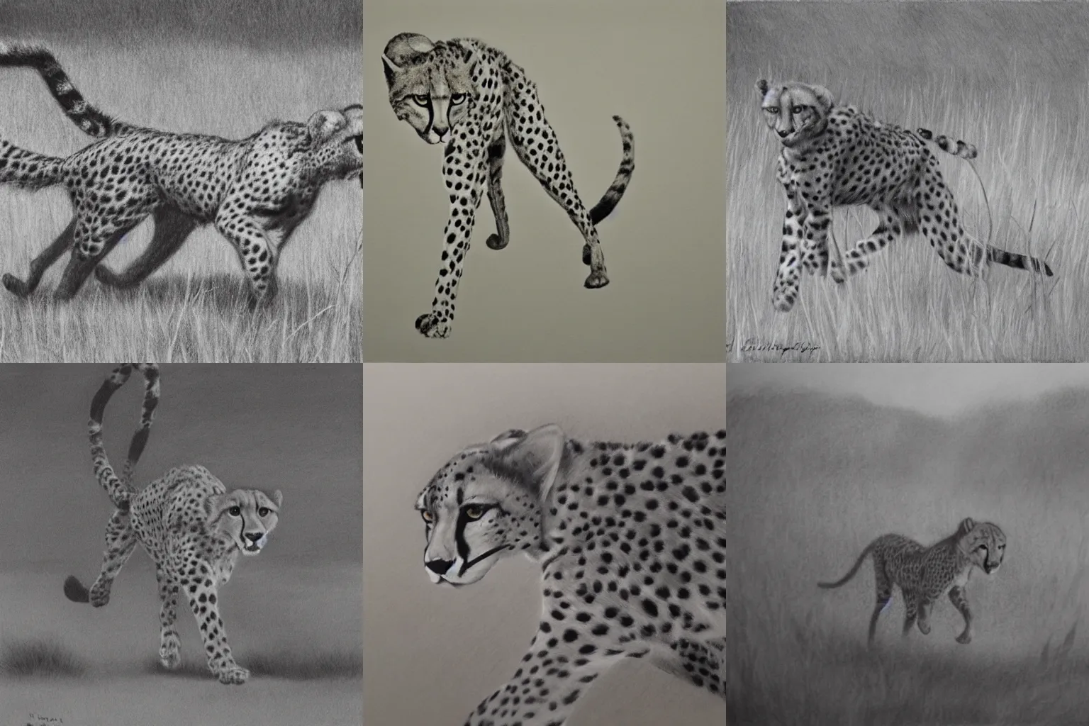 Prompt: A graphite pencil drawing of a full cheetah running with hand drawn savanna background