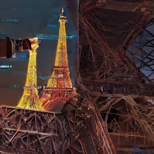 Image similar to A beautiful intricate 8K award-winning ground-level cinematic movie photograph of the future rusting rubble of the fallen and decimated Eiffel Tower, lying in pieces on the ground, surrounded by neon and collapsing corporate video billboard displays. in the year 2050, by Bruno Delbonnel and greg rutkowski. octane render, Arri Alexa 65. Cinematic lighting