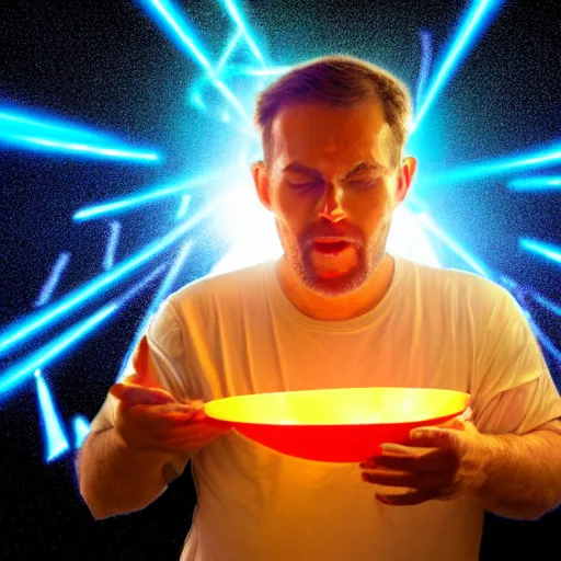 Image similar to a man eating a bowl of lazers