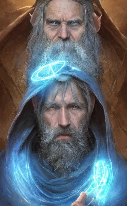 Image similar to portrait of a middle aged elf with a long beard, dressed in a blue cloak with clock iconography, brown hair, raised hand, detailed face, fantasy, highly detailed, cinematic lighting, digital art painting by greg rutkowski