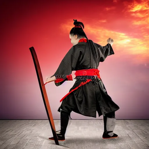 Image similar to Samurai master standing with holding sword , realistic photo illustration