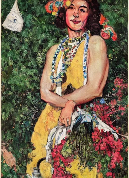 Image similar to a 1 9 6 0 portrait by norman rockwell of a hippie gogo woman ultra defined features wearing a cargo weeding dress designed by balenciaga