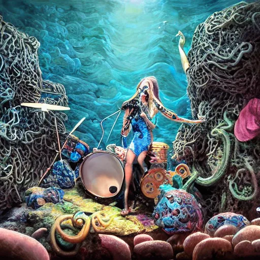 Image similar to dystopian fantasy undersea rock concert. On stage, the drummer is squid woman with tentacles playing a big rock&roll drum kit, by Philipp A. Urlich and Pengzhen Zhang an Andreas Rocha, fantasy, intricate, elegant, highly detailed, digital painting, artstation, blender, unreal engine 5, octane render, smooth, sharp focus, illustration