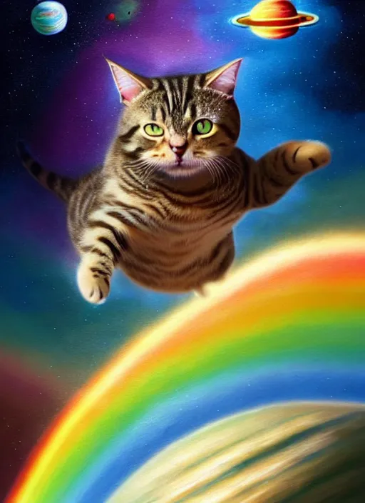 Prompt: a chubby tabby cat surfing on a rainbow in outer space, diffuse lighting, fantasy, intricate, surrealism!!!!, highly detailed, lifelike, photorealistic, digital painting, artstation, illustration, concept art, smooth, sharp focus, by greg rutkowski, chris tulloch mccabe, valentina remenar and asher duran,