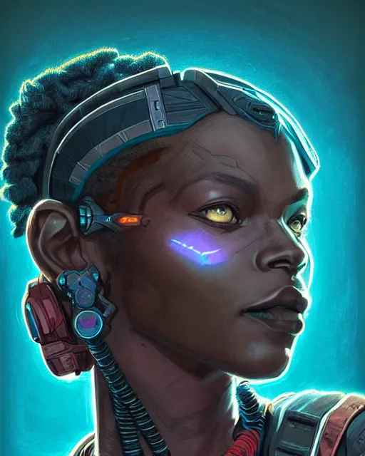 Image similar to sojourn from overwatch, african canadian, gray dread locks, teal silver red, character portrait, portrait, close up, concept art, intricate details, highly detailed, vintage sci - fi poster, retro future, vintage sci - fi art, in the style of chris foss, rodger dean, moebius, michael whelan, and gustave dore