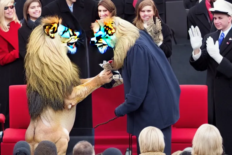 Image similar to photo of the usa presidential inauguration, a lion fursuiter being inaugurated as president