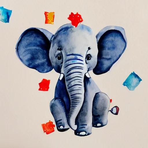 Image similar to watercolor baby elephant with trunk up in air and confetti flying in air, white background, blank background