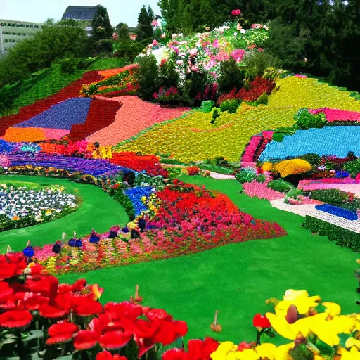 Prompt: a gorgeous garden on the edge of a cliff filled with beautiful flowers of all colors and from all around the world, fully in lego bricks