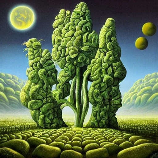 Image similar to surrealistic painting of cannabis trees on alien planet, by vladimir kush