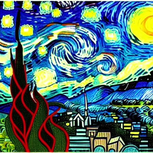 Image similar to asheville skyline in the style of starry night, by vincent van gogh