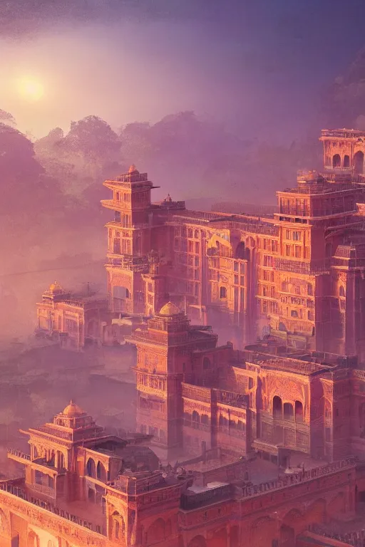 Image similar to old indian city with a breathtaking view of a magnificent maharajah palace at pink dawn, intricate, elegant, volumetric lighting, digital painting, highly detailed, artstation, sharp focus, illustration, concept art, ruan jia, steve mccurry