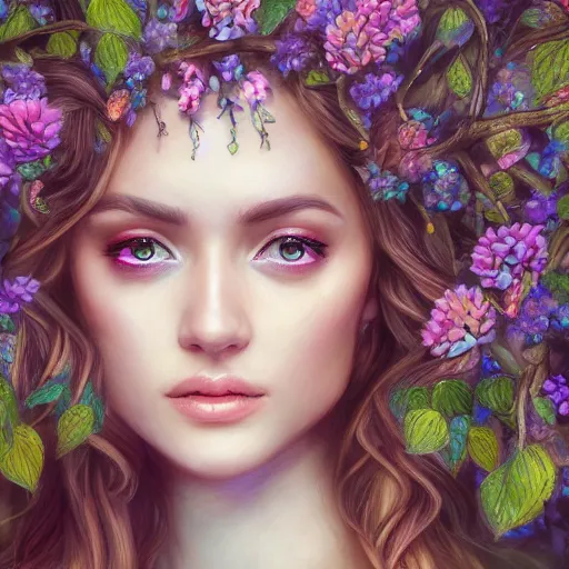 a picture of a beautiful woman clothed in flowers and | Stable Diffusion