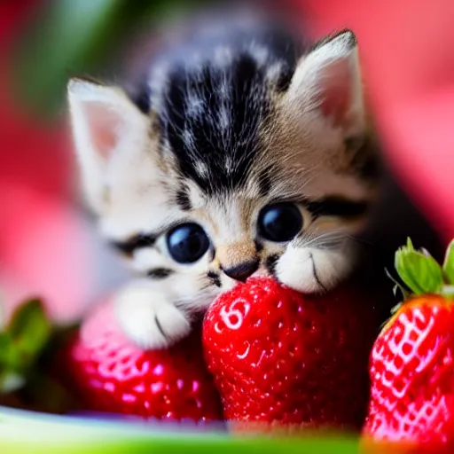 Image similar to macro shot photograph of an extremely tiny baby kitten on top of a strawberry that is bigger than it