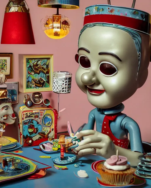 Image similar to highly detailed closeup, face profile portrait of a tin toy robert crumb in a retro 1 9 5 0 s kitchen eating cakes, depth of field, fashion photoshoot by nicoletta ceccoli, mark ryden, lostfish, dan decarlo, bob clampett, max fleischer, breathtaking, detailed and intricate environment, 8 k resolution, hyperrealistic, octane render