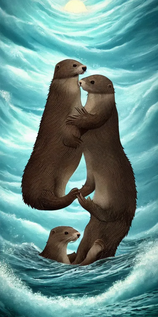 Image similar to An adorable Otter saving his wife from the whirlpool, in love holding hands side by side, in the middle of a super scary storm at sea, thunder, lightning, waves, fantasy illustration, cinematic, award winning, romantic, detailed trending on artstation, masterpiece