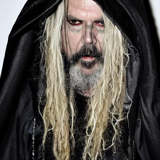 Prompt: rob zombie wearing a dark hooded cloak