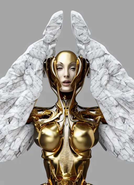 Image similar to a statue made of white marble with gold veins, of an gorgeous futuristic cybernetic angel girl, prostheses, transhumanism, full body shot, perfect symmetrical body, perfect symmetrical face, hyper realistic, hyper detailed, by johannen voss, by peter kemp, by monia merlo, by michelangelo, octane render, blender, 8 k