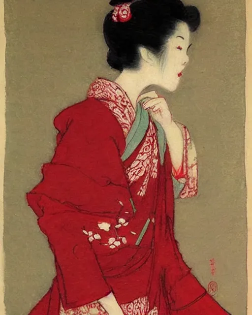 Image similar to a painting of a geisha in a red dress by Warwick Goble, pinterest, art nouveau, made of flowers, pre-raphaelite, impressionism