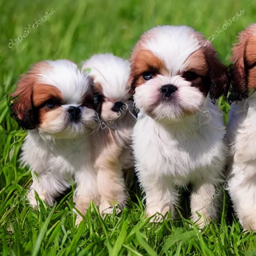 Prompt: a pack of young shih tzu puppies play in a field, Lots of lighting 8k photo