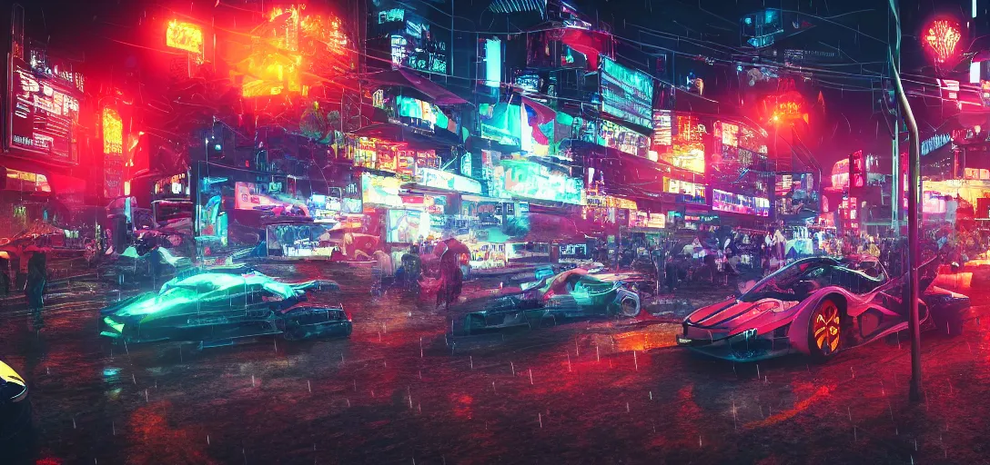 Prompt: cyberpunk look of Small outdoor carnival, rain, night, flying cars, digital art, 8k, many details