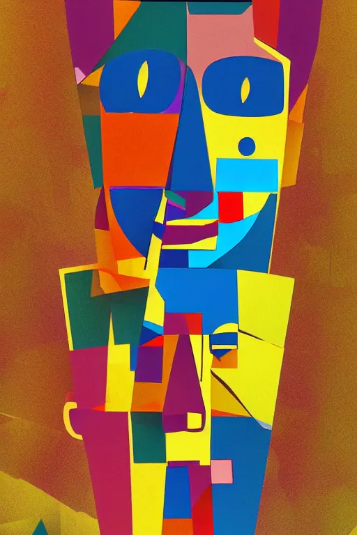 Image similar to cubist moai statue cutout digital illustration cartoon colorful beeple