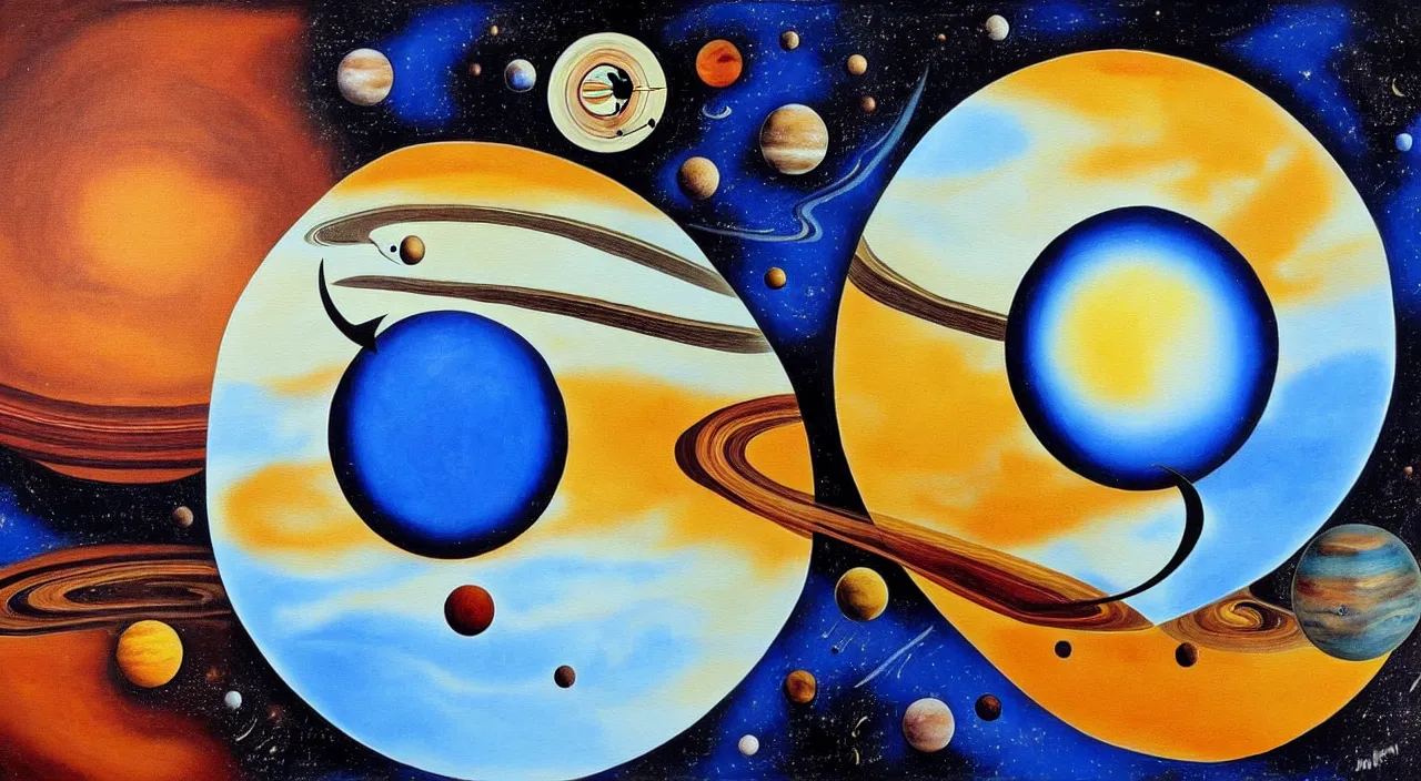 Prompt: painting of planets in a pan looking like a clock in the style of salvador dali